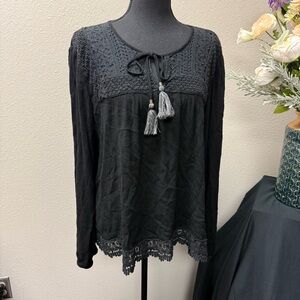 Artesia Black Crochet Lace Boho Peasant Top Tassel Detail Long Sleeve XXL